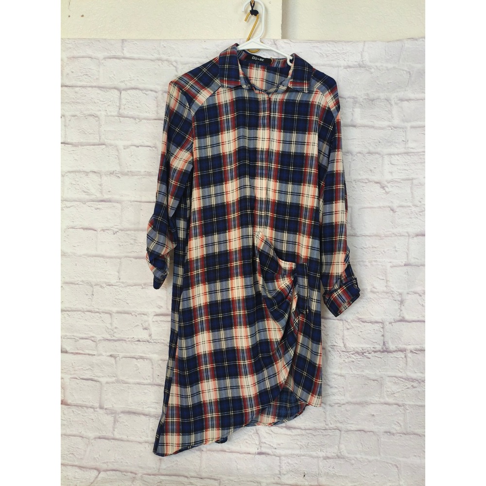 DO+BE Womens Plaid Asymmetrical Button Front Tunic Shirt Dress Blue Red Small